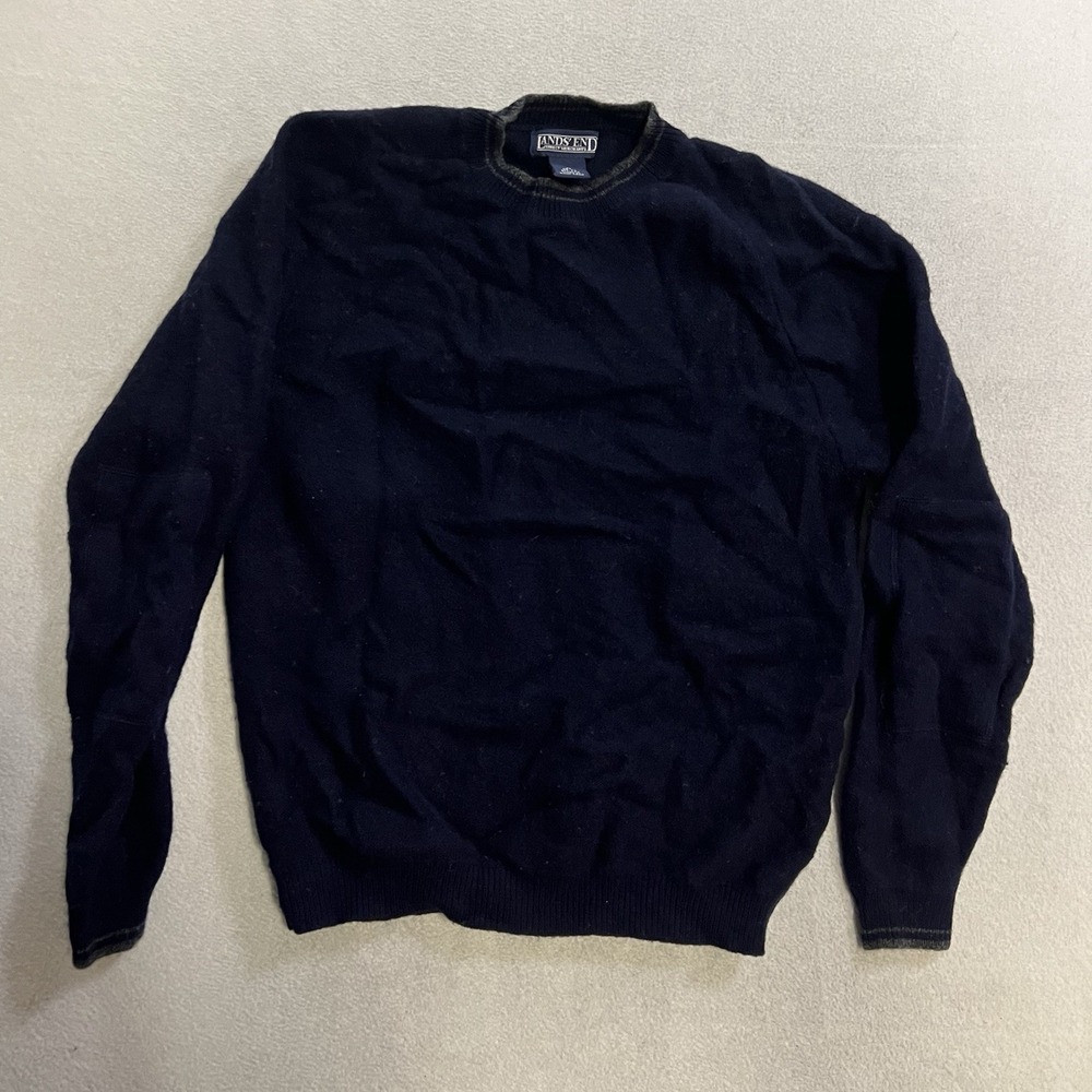 Lands End Sweater Youth Size Medium 10-12 Navy Blue 100% Lambswool Boys Pullover